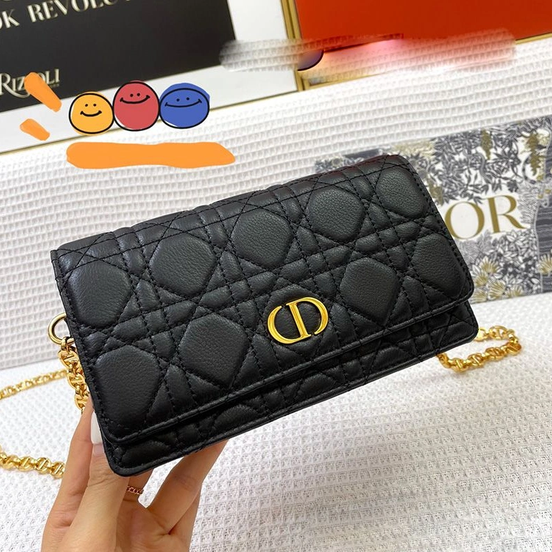 Fashionable 1887 Dior Caro Belt Pouch with Chain Cannage Calfskin Black