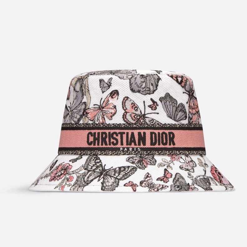 Fashionable 3752 Christian Dior Bucket Hat In Toile de Jouy Mexico Motif Cotton White Pink