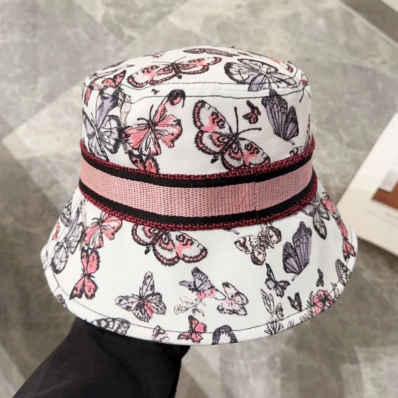 Fashionable 3752 Christian Dior Bucket Hat In Toile de Jouy Mexico Motif Cotton White Pink