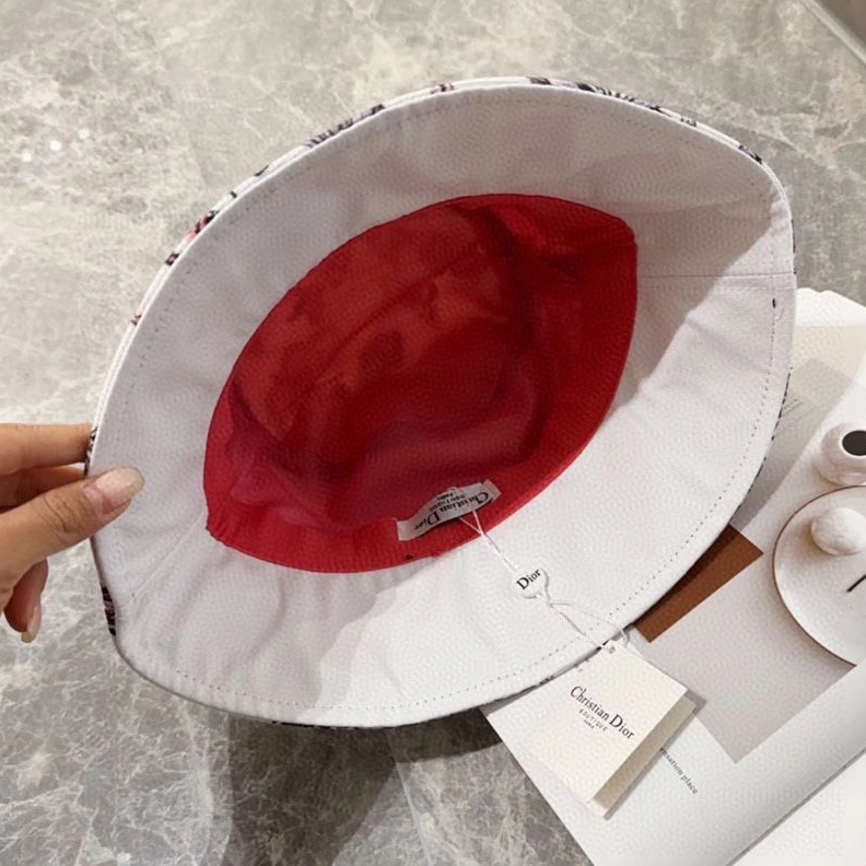 Fashionable 3752 Christian Dior Bucket Hat In Toile de Jouy Mexico Motif Cotton White Pink