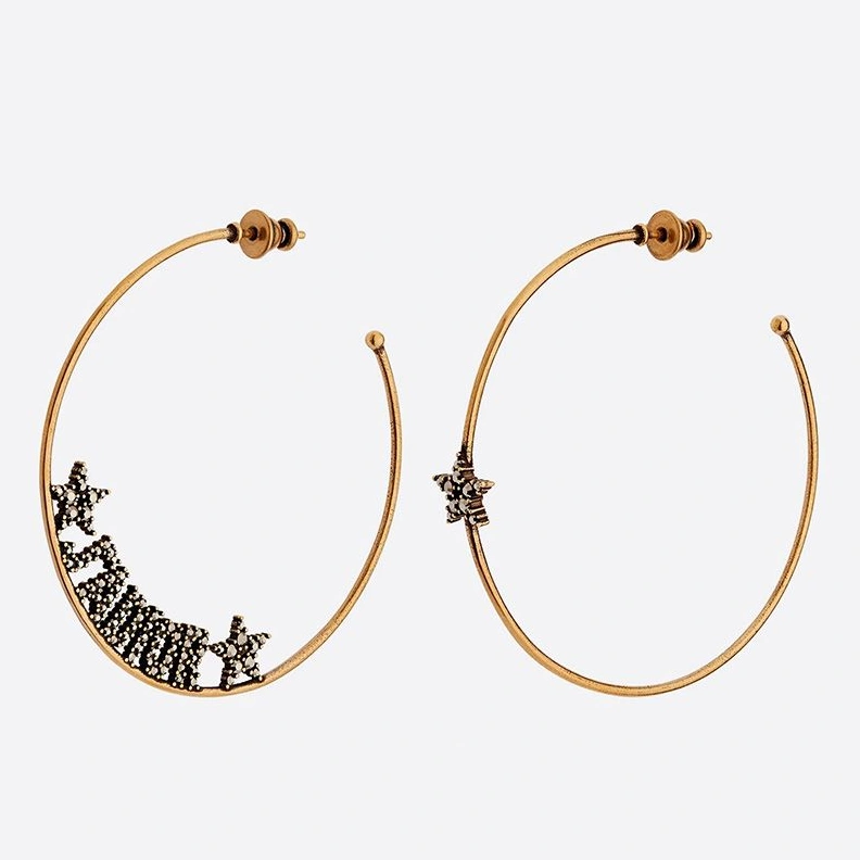 Fashionable 5909 J'Adior Earrings Antique Metal Hoops with White Crystals Gold