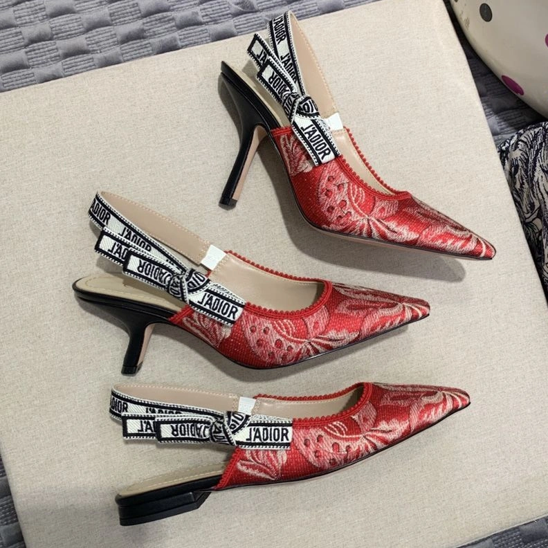 Fashionable 5991 J'Adior Slingback Pumps Women Brocart Motif Canvas Red