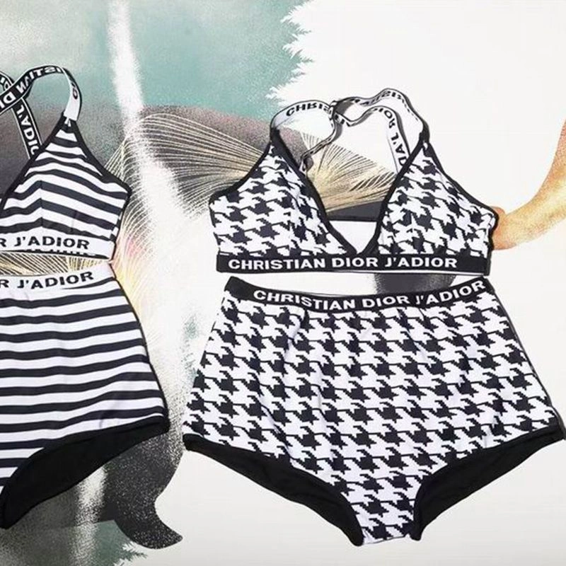 Fashionable 6012 Christian Dior J'Adior High Waisted Crisscross Bikini Women Houndstooth Motif Lycra White