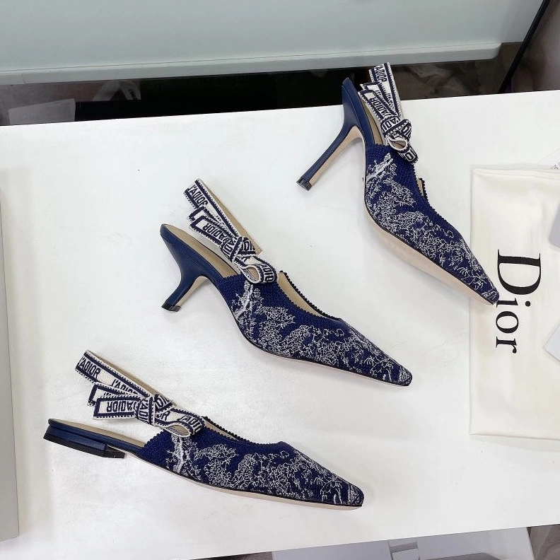 Fashionable 6364 J'Adior Slingback Pumps Women Toile de Jouy Motif Canvas Navy Blue