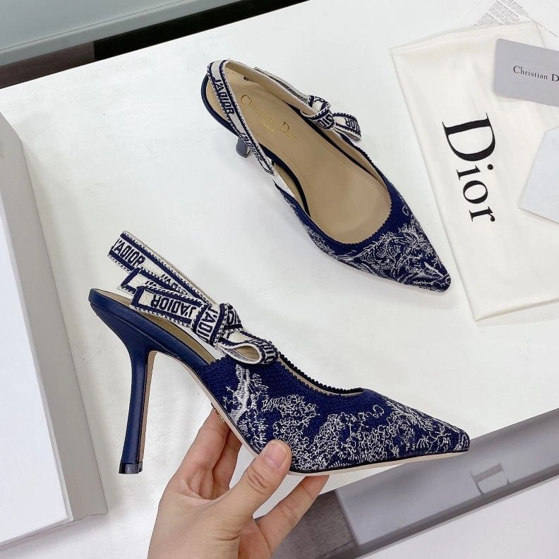 Fashionable 6364 J'Adior Slingback Pumps Women Toile de Jouy Motif Canvas Navy Blue
