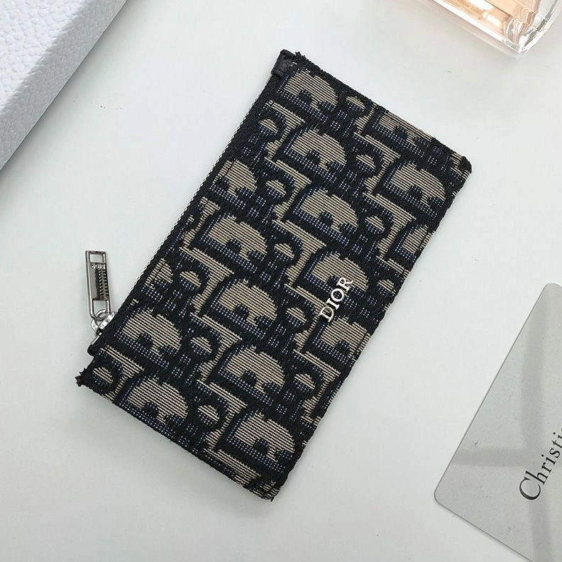 Fashionable 6669 Dior Zipped Card Holder Oblique Motif Canvas Calfskin Blue