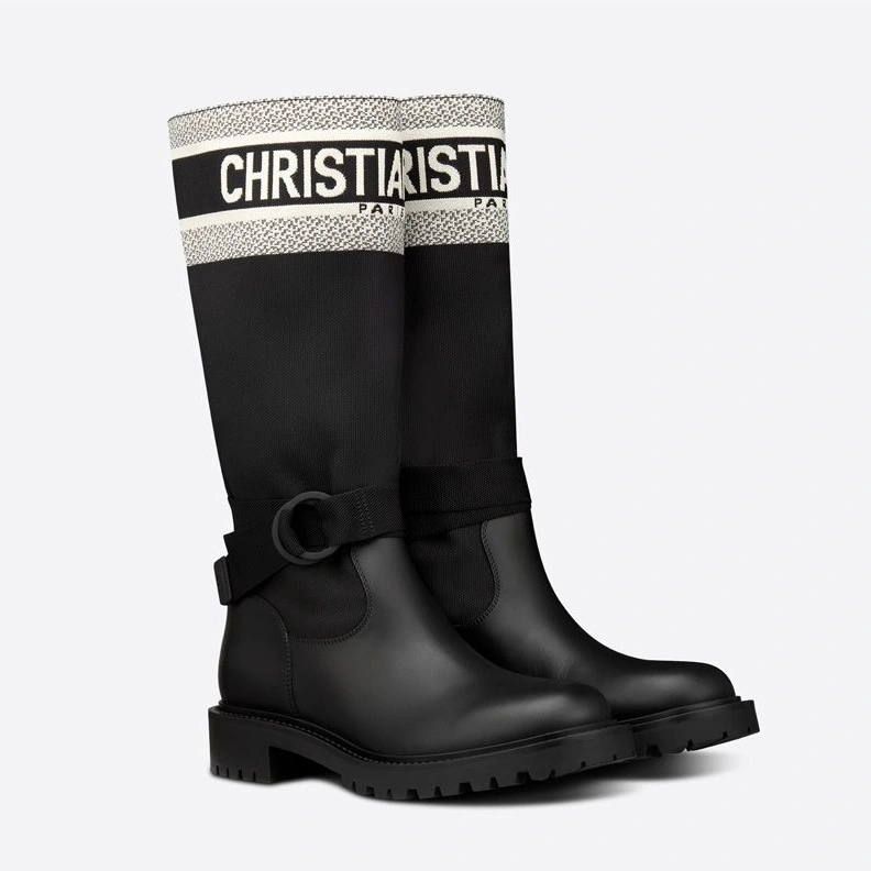 Fashionable 7605 Christian Dior D-Major Boots Women Technical Fabric and Calfskin Black White