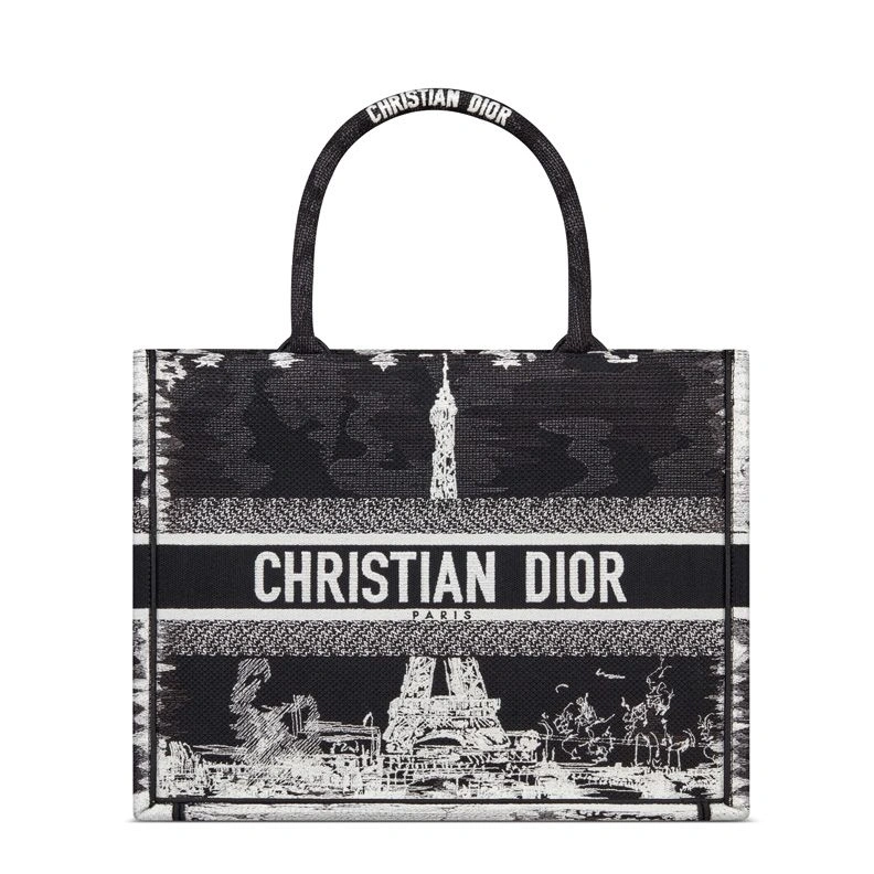 Fashionable 9800 Dior Book Tote In Paris Eiffel Tower Motif Canvas Black