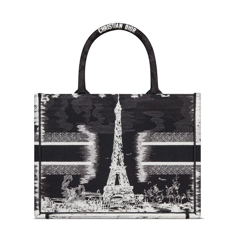 Fashionable 9800 Dior Book Tote In Paris Eiffel Tower Motif Canvas Black