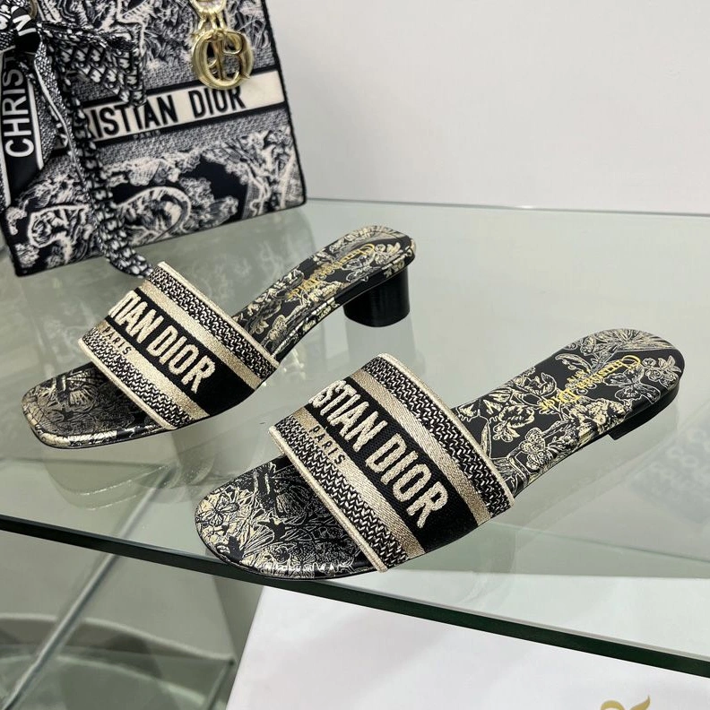 GoAnywhere 6674 Christian Dior Dway Slides Women Toile de Jouy Mexico Motif Canvas Black