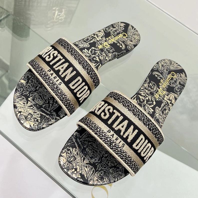 GoAnywhere 6674 Christian Dior Dway Slides Women Toile de Jouy Mexico Motif Canvas Black
