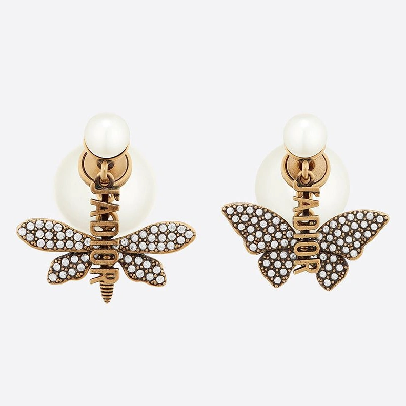 GoodFit 1696 Dior Tribales Earrings Antique Metal, White Resin Pearls and White Crystals Gold