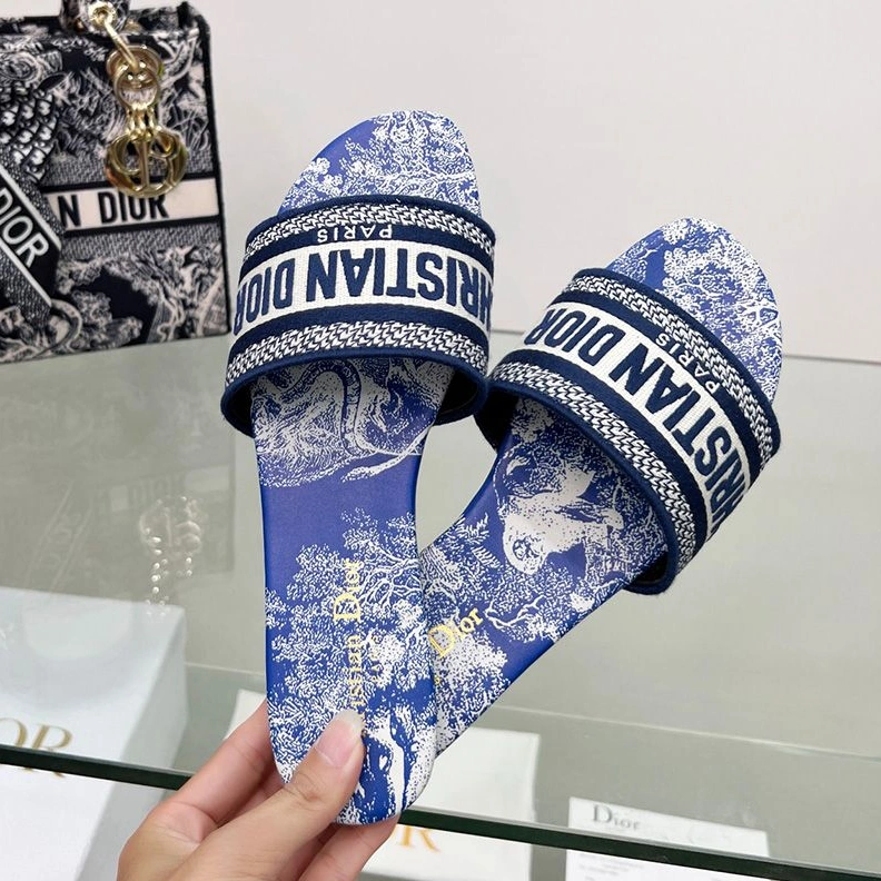 GoodFit 5446 Christian Dior Dway Slides Women Toile De Jouy Motif Canvas Bright Blue