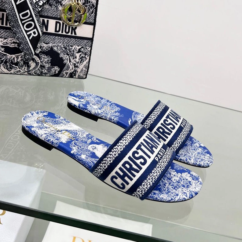 GoodFit 5446 Christian Dior Dway Slides Women Toile De Jouy Motif Canvas Bright Blue