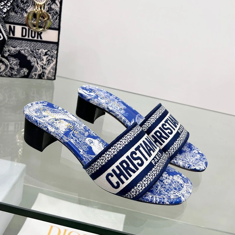 GoodFit 5446 Christian Dior Dway Slides Women Toile De Jouy Motif Canvas Bright Blue