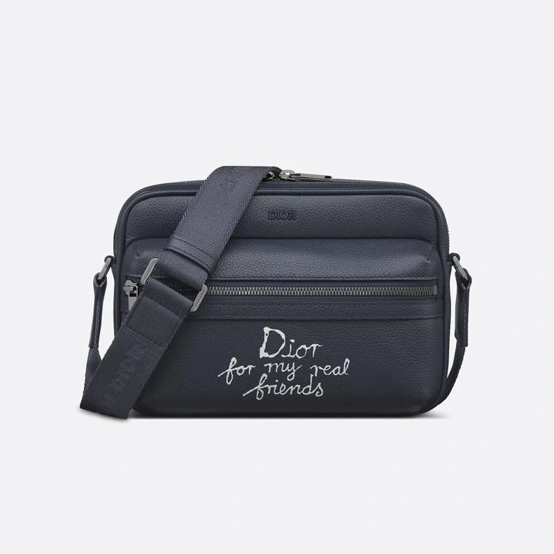 HighQuality 1128 Small Dior Rider 2.0 Zipped Messenger In Grained Calfskin with White Print Navy Blue