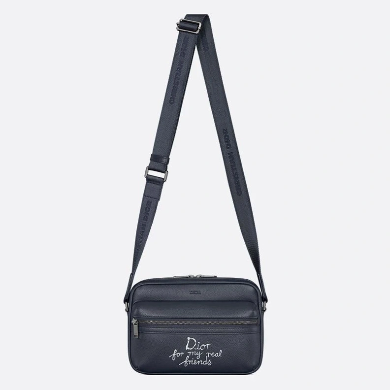 HighQuality 1128 Small Dior Rider 2.0 Zipped Messenger In Grained Calfskin with White Print Navy Blue