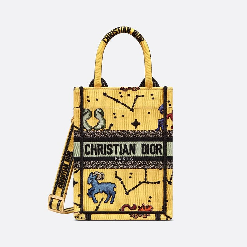 HighQuality 2064 Mini Vertical Dior Book Tote with Strap In Pixel Zodiac Motif Canvas Yellow