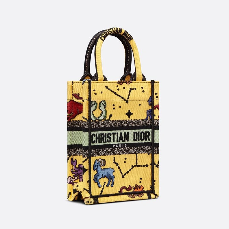 HighQuality 2064 Mini Vertical Dior Book Tote with Strap In Pixel Zodiac Motif Canvas Yellow