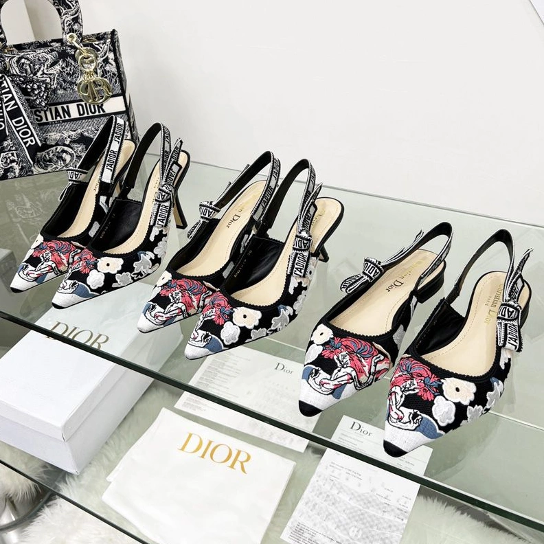 HighQuality 3671 J'Adior Slingback Pumps Women Toile de Jouy Pop Motif Canvas Black
