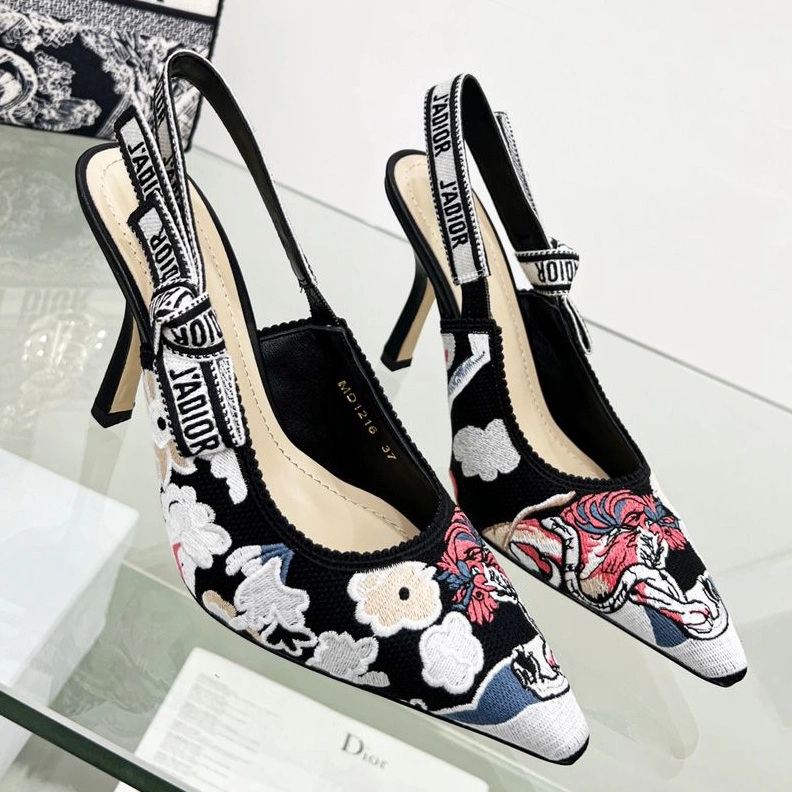 HighQuality 3671 J'Adior Slingback Pumps Women Toile de Jouy Pop Motif Canvas Black
