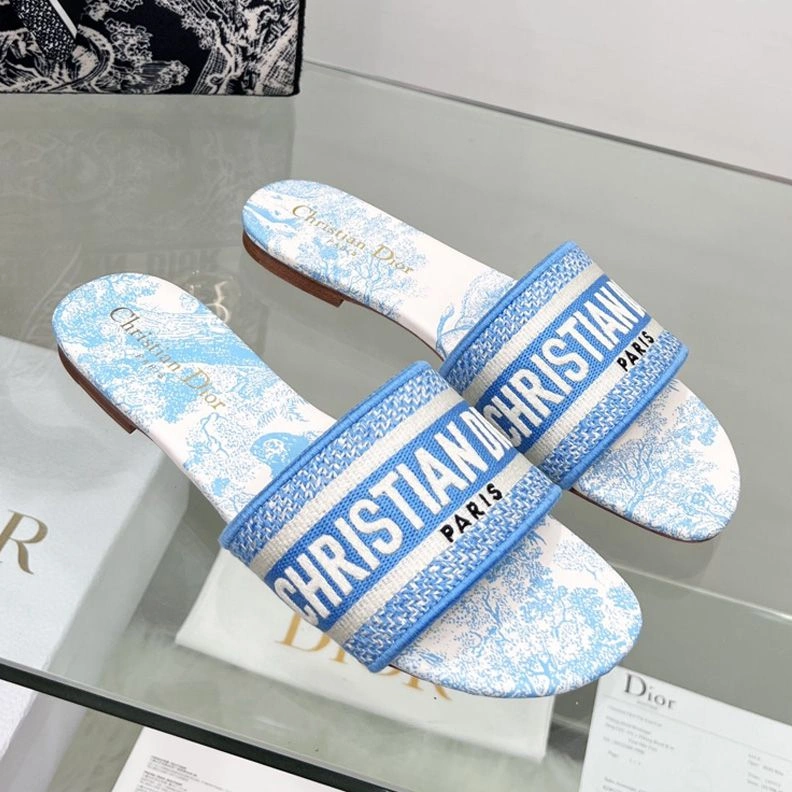 HighQuality 4212 Christian Dior Dway Slides Women Toile De Jouy Motif Canvas Sky Blue