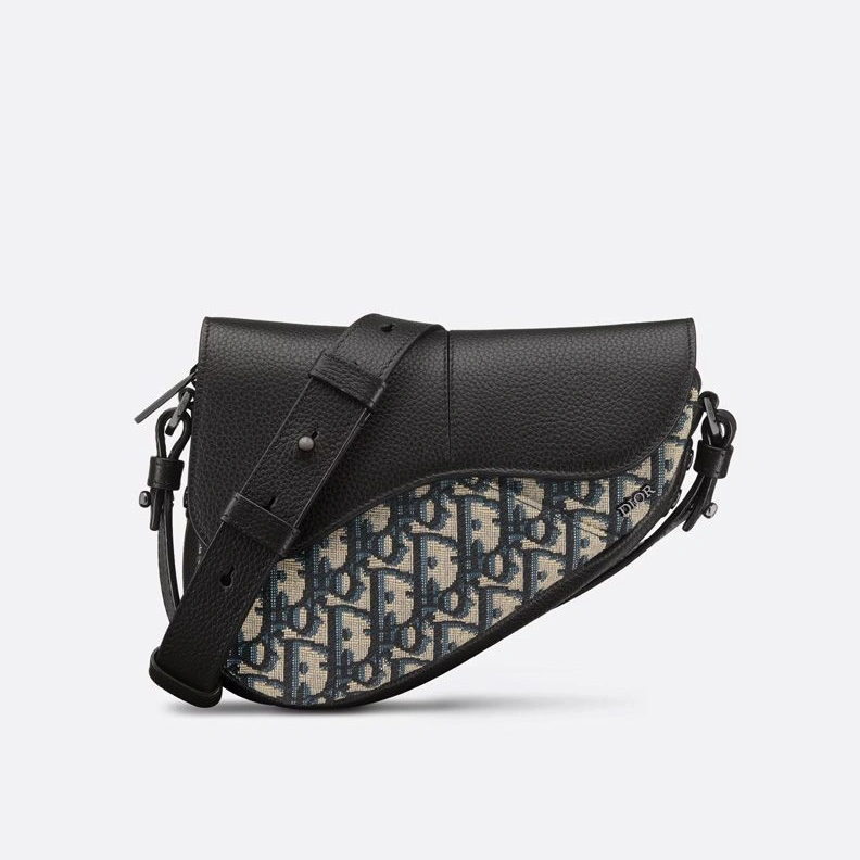 HighQuality 4495 Mini Dior Saddle Bag In Grained Calfskin and Oblique Motif Canvas Black Blue