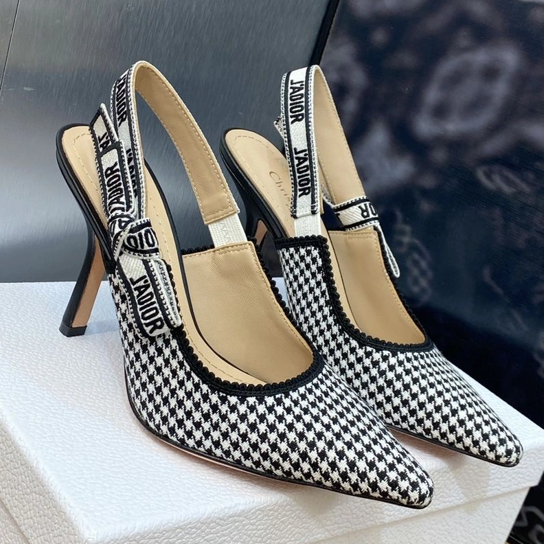 HighQuality 5585 J'Adior Slingback Pumps Women Micro Houndstooth Motif Canvas Black