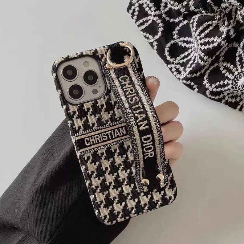 HighQuality 767 Christian Dior iPhone Case with Wrist Strap In Macro Houndstooth Embroidery Black
