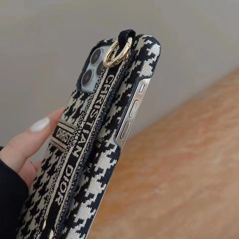 HighQuality 767 Christian Dior iPhone Case with Wrist Strap In Macro Houndstooth Embroidery Black