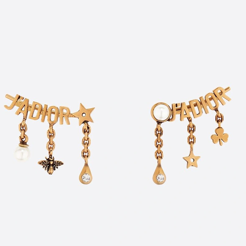 J'Adior Earrings Antique Metal Drop Charms with White Crystals Gold DailyWear 2912