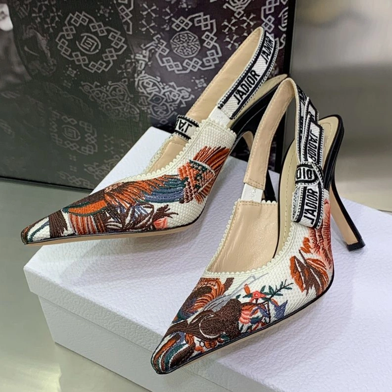 J'Adior Slingback Pumps Women Jardin d'Hiver Motif Canvas White Comfortable 6283