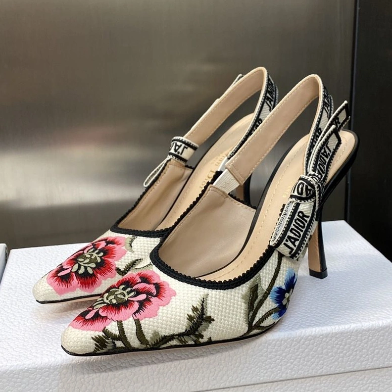 J'Adior Slingback Pumps Women Petites Fleurs Motif Canvas White TopPick 7459