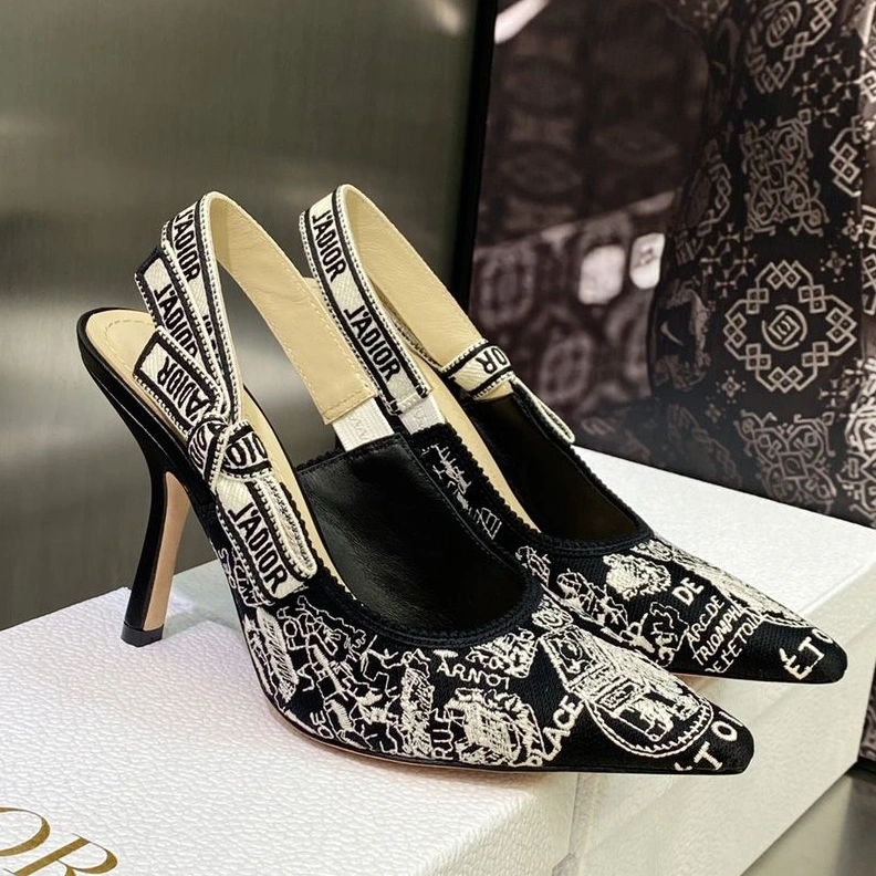 J'Adior Slingback Pumps Women Plan de Paris Motif Canvas Black Popular 9598