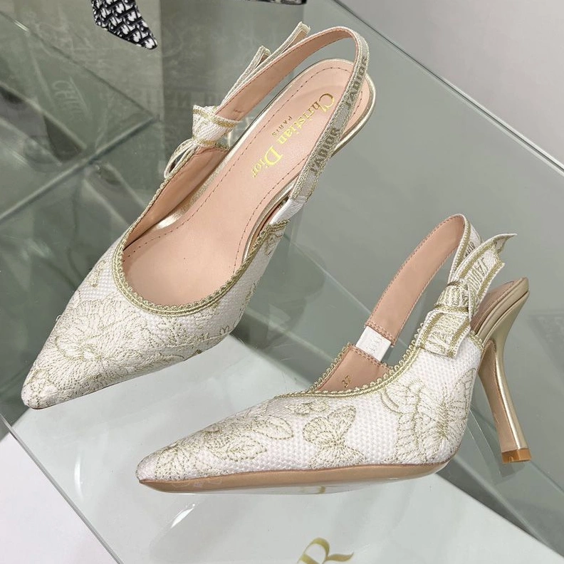 J'Adior Slingback Pumps Women Toile de Jouy Mexico Motif Canvas White Gold WellDesigned 3658