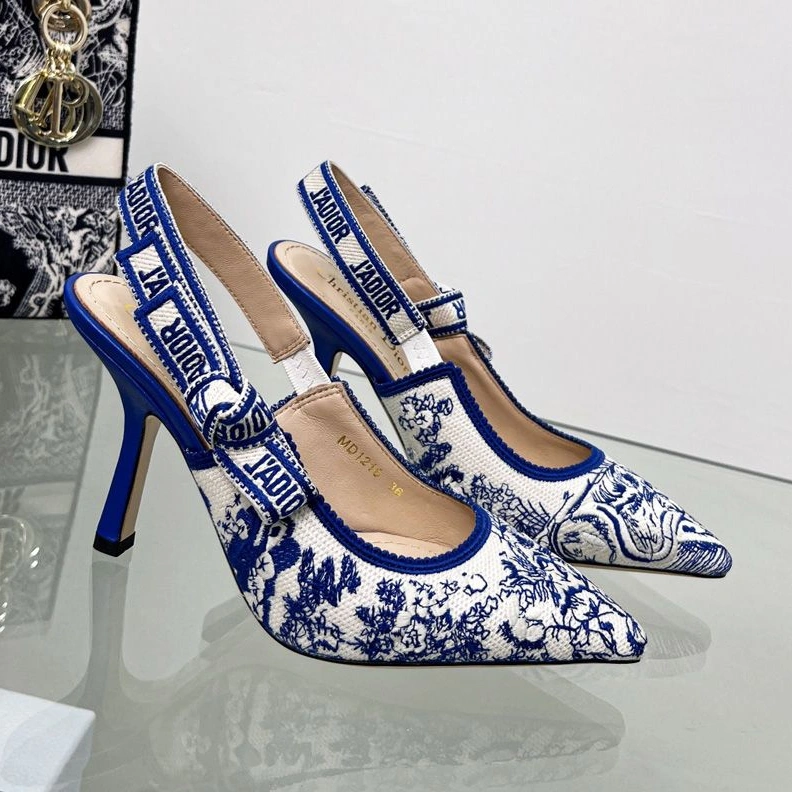 J'Adior Slingback Pumps Women Toile de Jouy Motif Canvas Bright Blue Affordable 1303
