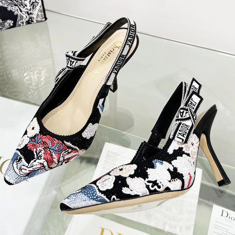 J'Adior Slingback Pumps Women Toile de Jouy Pop Motif Canvas with Beads and Strass Black Comfortable 4217