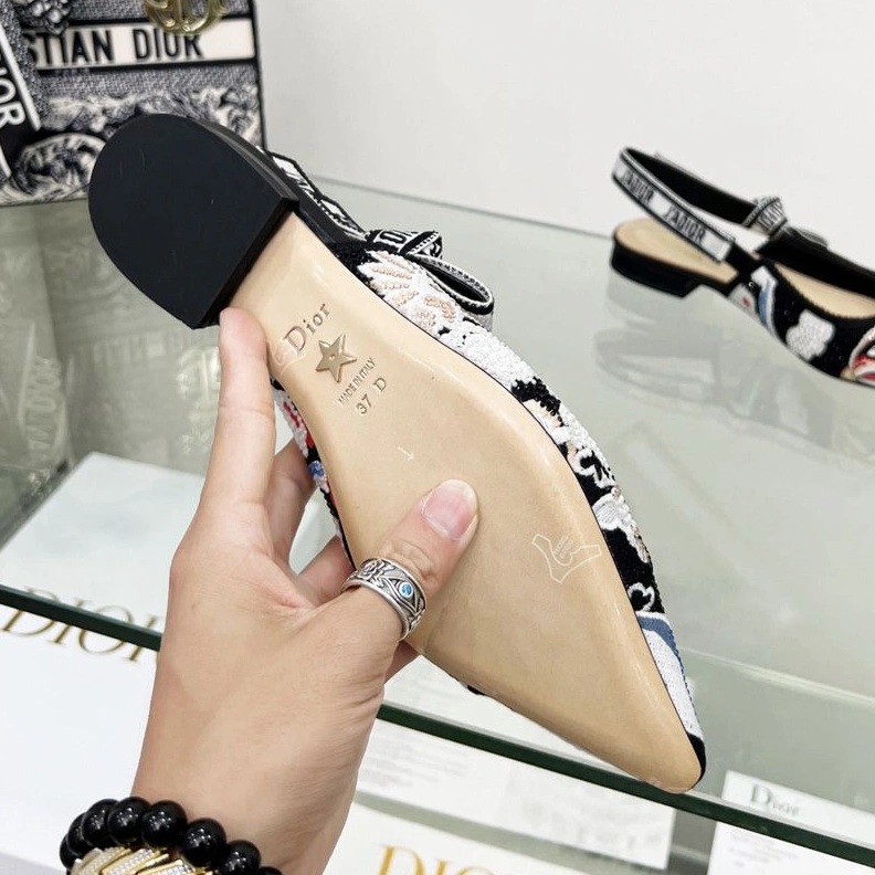 J'Adior Slingback Pumps Women Toile de Jouy Pop Motif Canvas with Beads and Strass Black Comfortable 4217