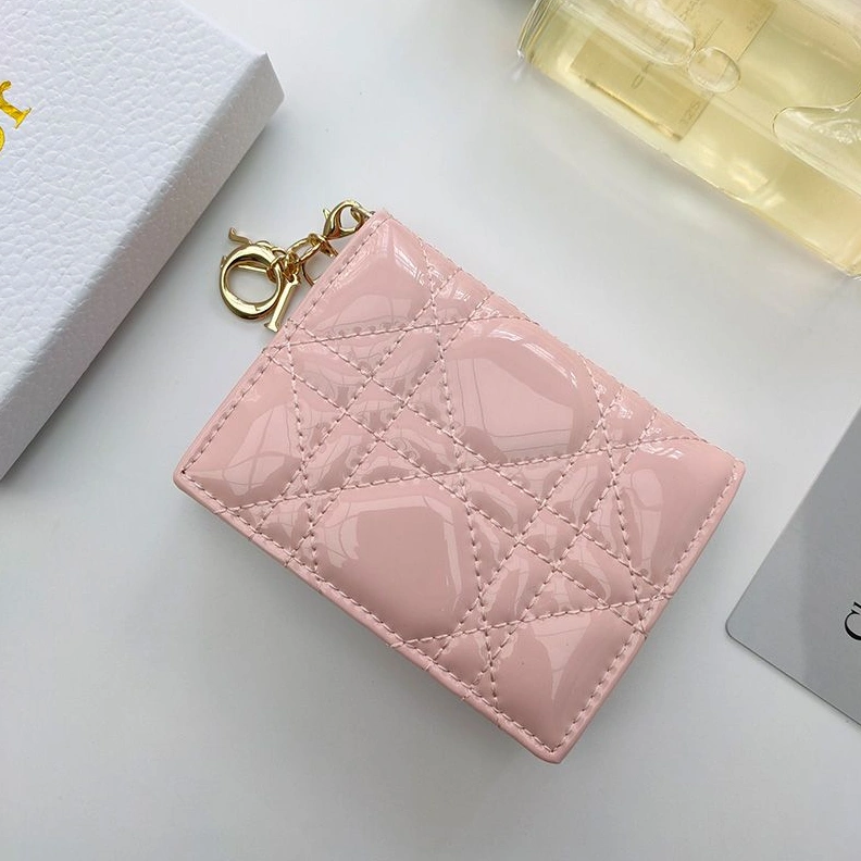 Lady Dior Flap Card Holder Patent Cannage Calfskin Pink WellDesigned 5476