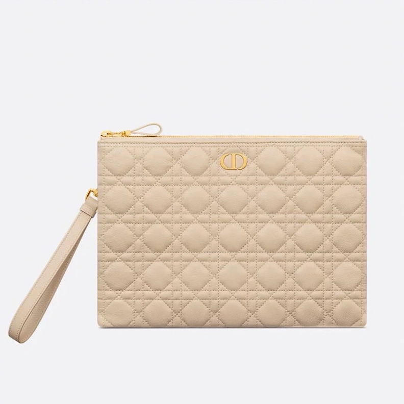 Large Dior Caro Daily Pouch In Supple Cannage Calfskin Apricot Trendy 4611