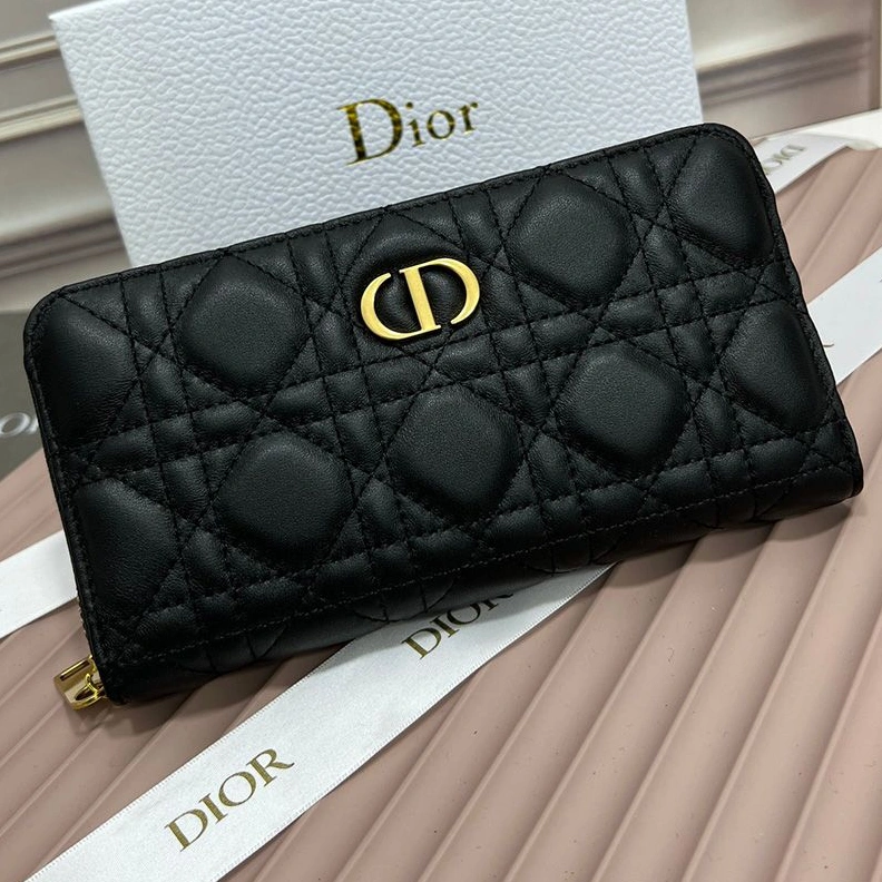 Large Dior Zip Wallet Cannage Calfskin With CD Icon Signature Black Fashionable 4650