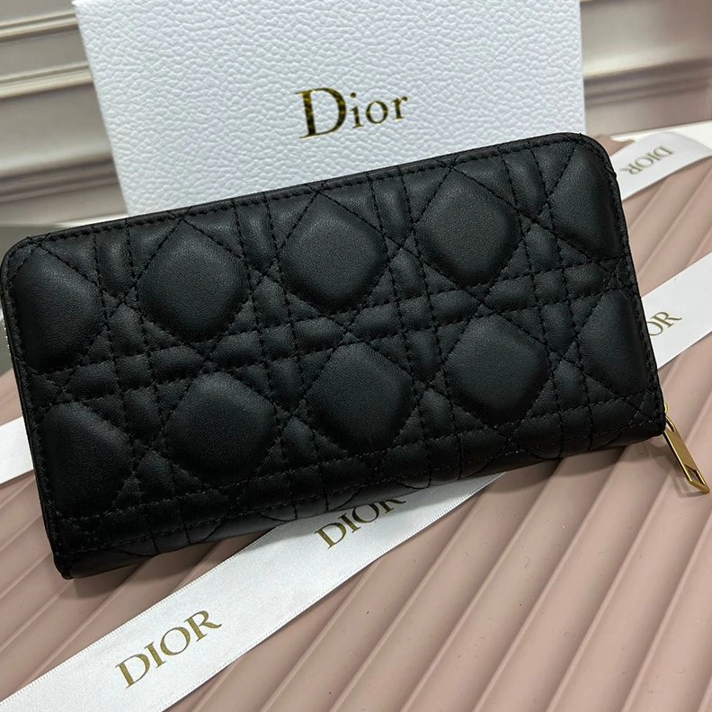Large Dior Zip Wallet Cannage Calfskin With CD Icon Signature Black Fashionable 4650