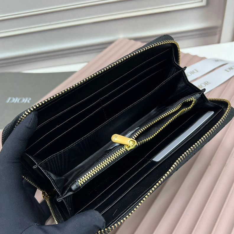 Large Dior Zip Wallet Cannage Calfskin With CD Icon Signature Black Fashionable 4650