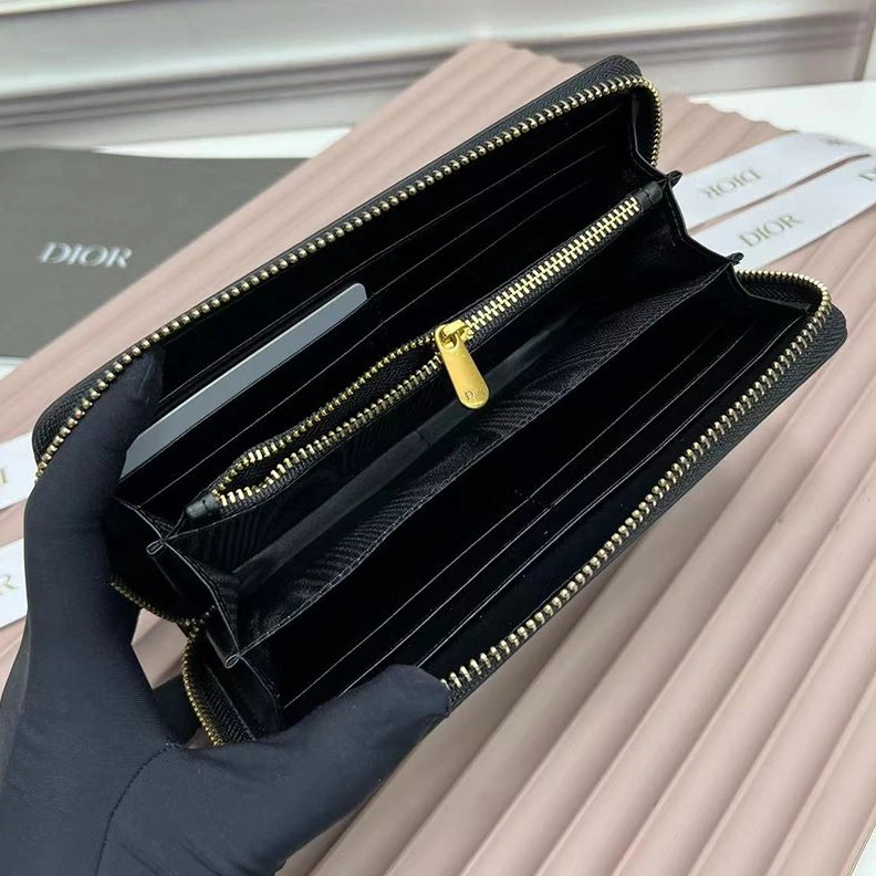 Large Dior Zip Wallet Grained Calfskin With CD Icon Signature Black StreetReady 6630