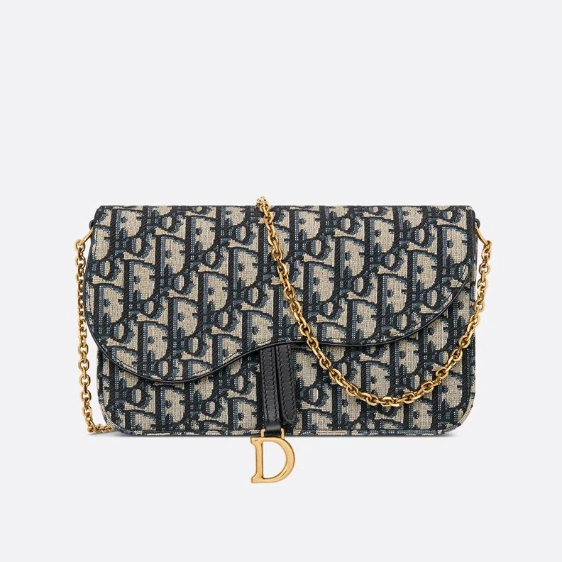 Medium Dior Saddle Pouch with Chain In Oblique Motif Canvas Blue HighQuality 227