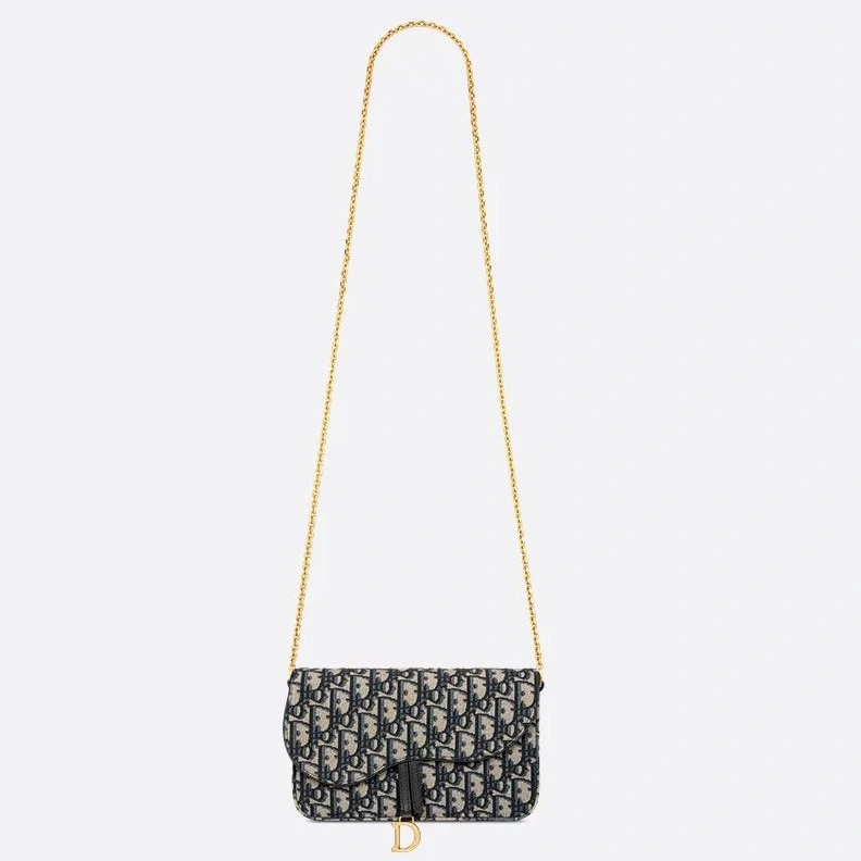 Medium Dior Saddle Pouch with Chain In Oblique Motif Canvas Blue HighQuality 227
