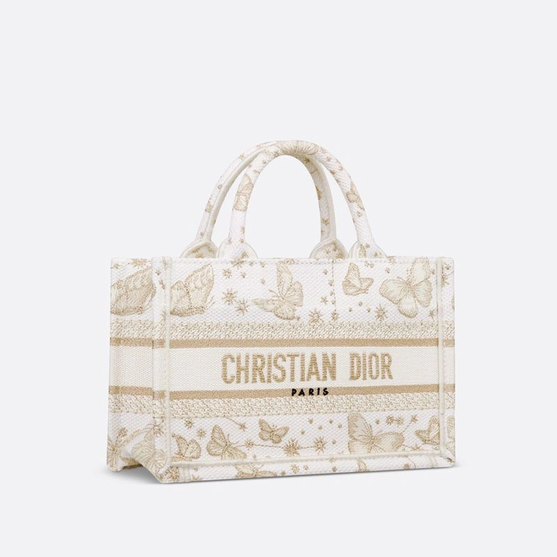 Mini Dior Book Tote with Strap In Butterfly Zodiac Motif Canvas White Gold StreetReady 598
