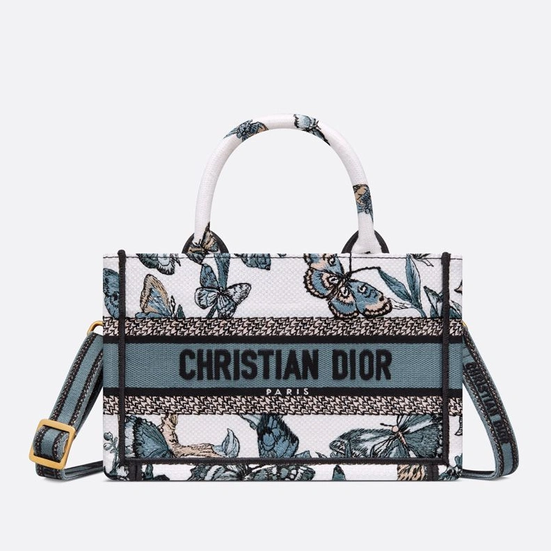 Mini Dior Book Tote with Strap In Toile de Jouy Mexico Motif Canvas White Blue WellDesigned 9494