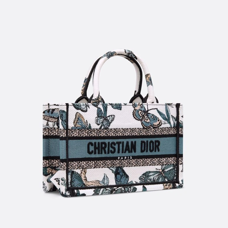 Mini Dior Book Tote with Strap In Toile de Jouy Mexico Motif Canvas White Blue WellDesigned 9494