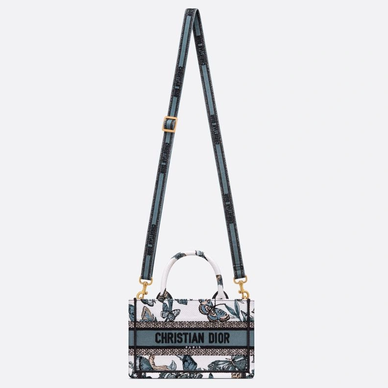 Mini Dior Book Tote with Strap In Toile de Jouy Mexico Motif Canvas White Blue WellDesigned 9494